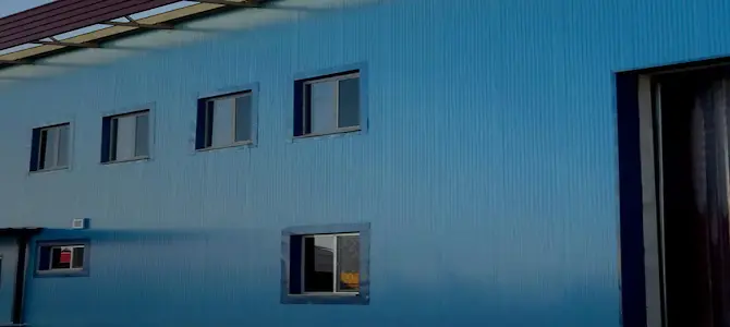 Industrial refrigeration facility with insulated blue metal cladding and energy-efficient windows for temperature-controlled logistics.